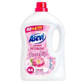 Asevi Laundry Detergent Rosehip, 2376ml for 44 washes, comes in a white plastic bottle with a pink cap, offering concentrated care and softness with a delicate rosehip fragrance and a rosehip flower graphic on the label.